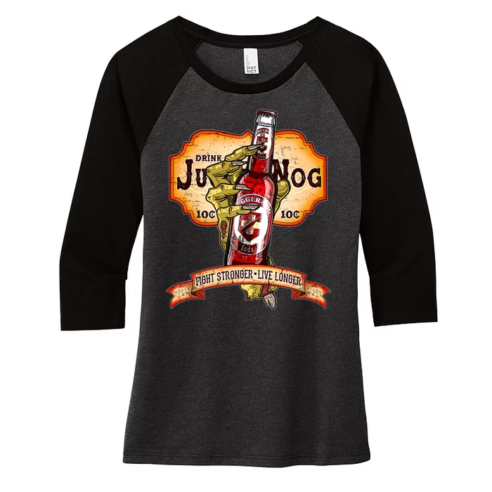 Drink JuggerNog Soda Zombies Women's Tri-Blend 3/4-Sleeve Raglan Shirt