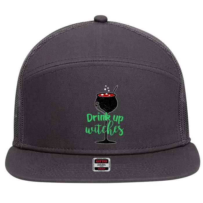 Drink Up Witches Halloween Wine 7 Panel Mesh Trucker Snapback Hat