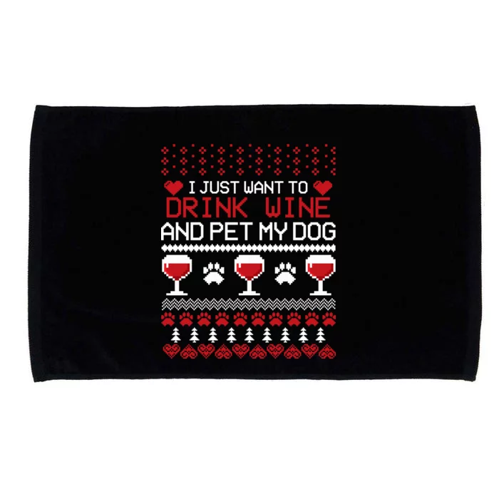 Drink Wine And Pet My Dog Ugly Christmas Microfiber Hand Towel