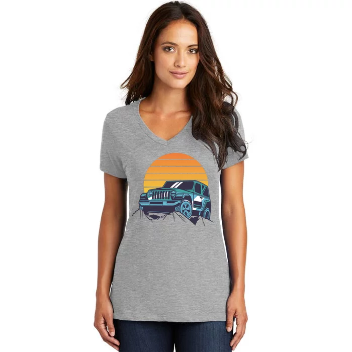 Driving In Sunset Retro Women's V-Neck T-Shirt