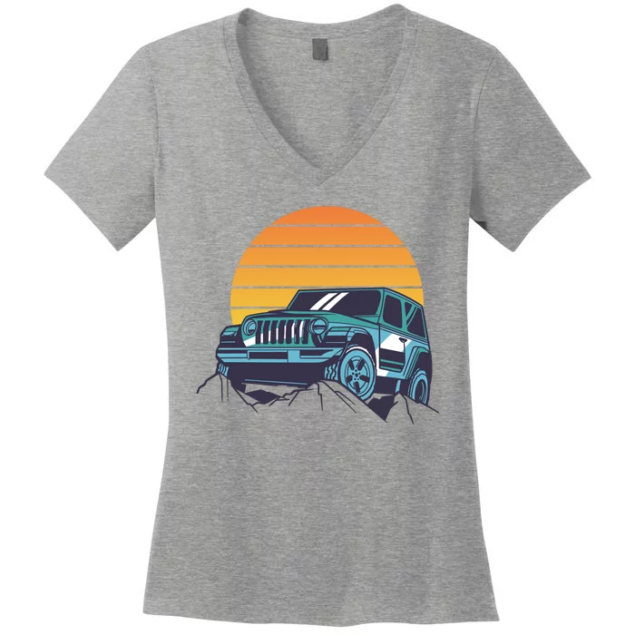 Driving In Sunset Retro Women's V-Neck T-Shirt