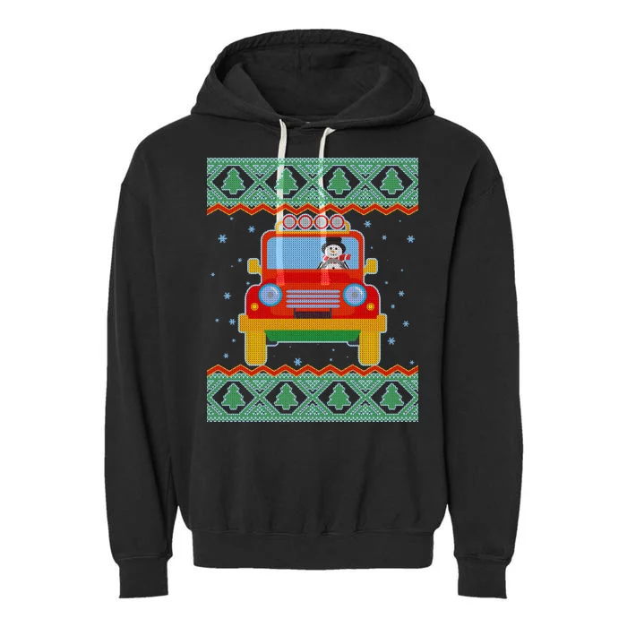 Driving Snowman Truck Ugly Christmas Sweater Garment-Dyed Fleece Hoodie