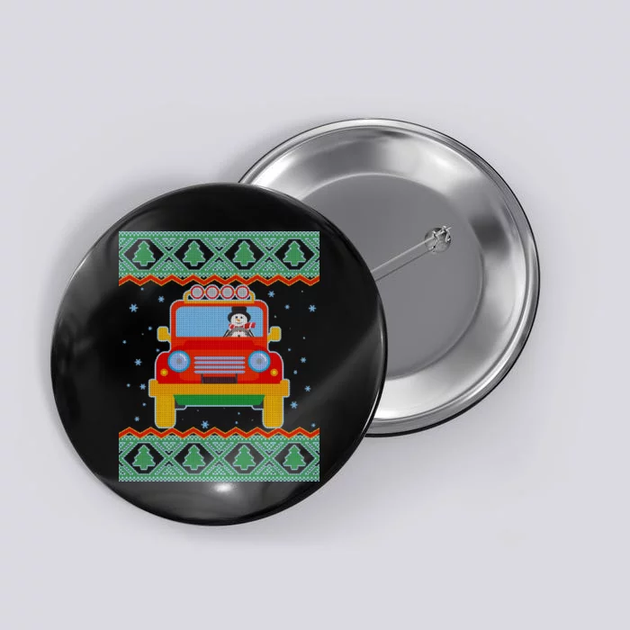 Driving Snowman Truck Ugly Christmas Sweater Button