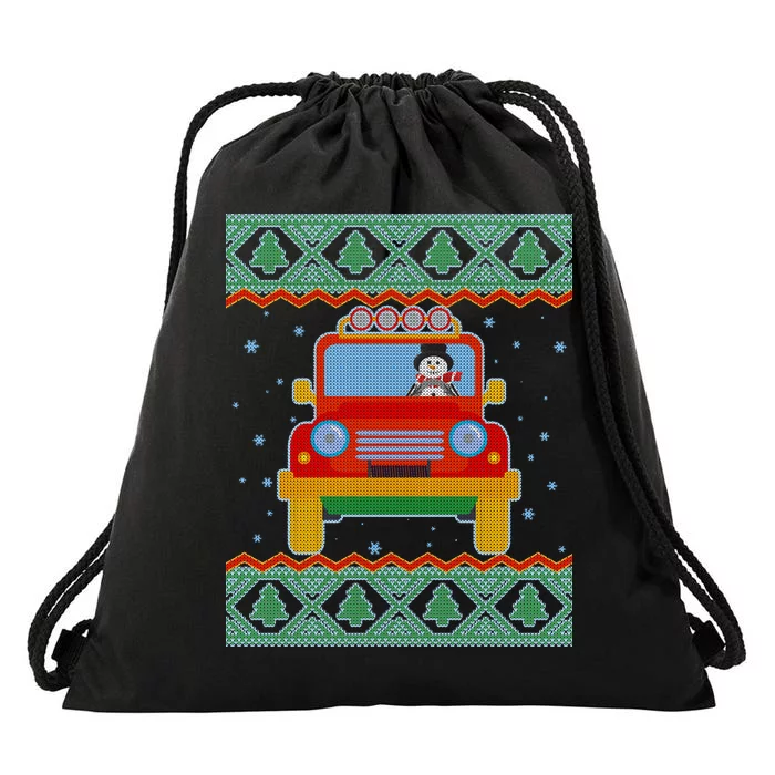 Driving Snowman Truck Ugly Christmas Sweater Drawstring Bag