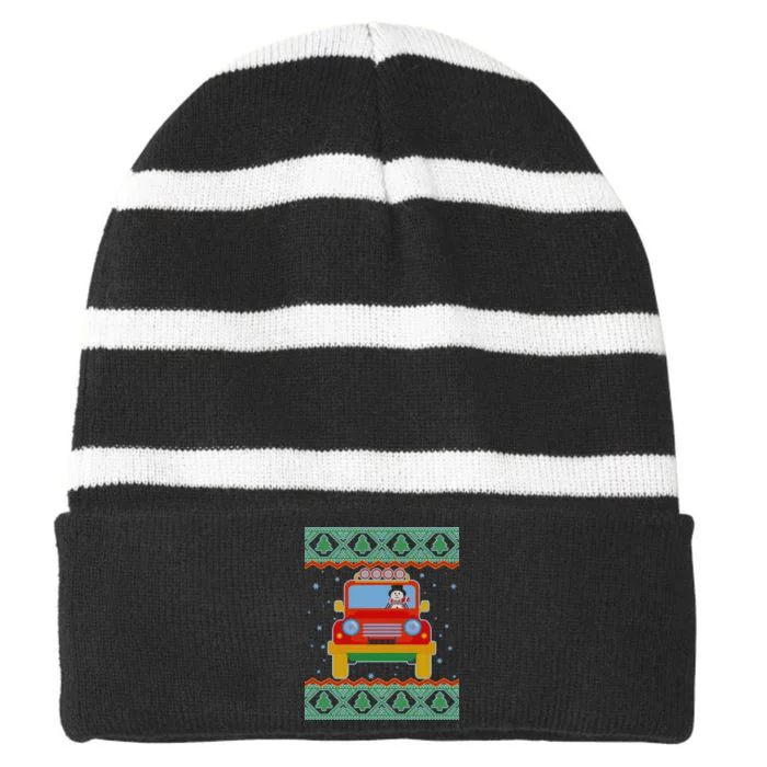 Driving Snowman Truck Ugly Christmas Sweater Striped Beanie with Solid Band