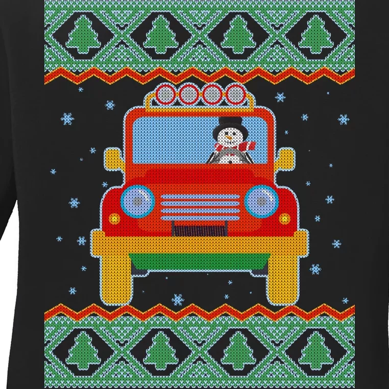 Driving Snowman Truck Ugly Christmas Sweater Ladies Long Sleeve Shirt