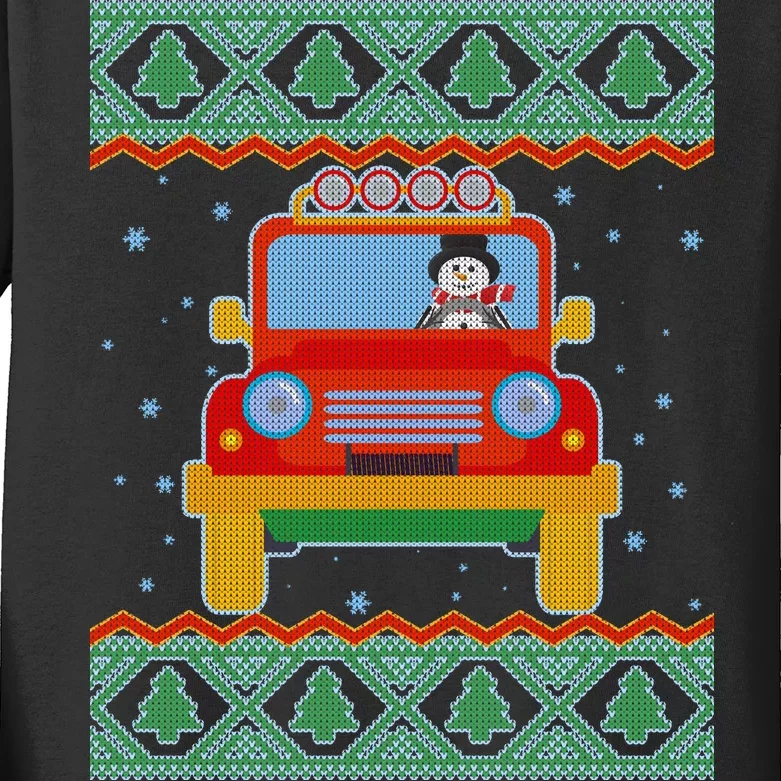 Driving Snowman Truck Ugly Christmas Sweater Kids Long Sleeve Shirt