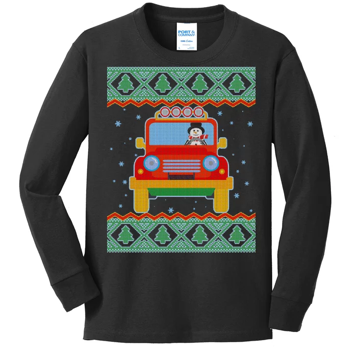 Driving Snowman Truck Ugly Christmas Sweater Kids Long Sleeve Shirt