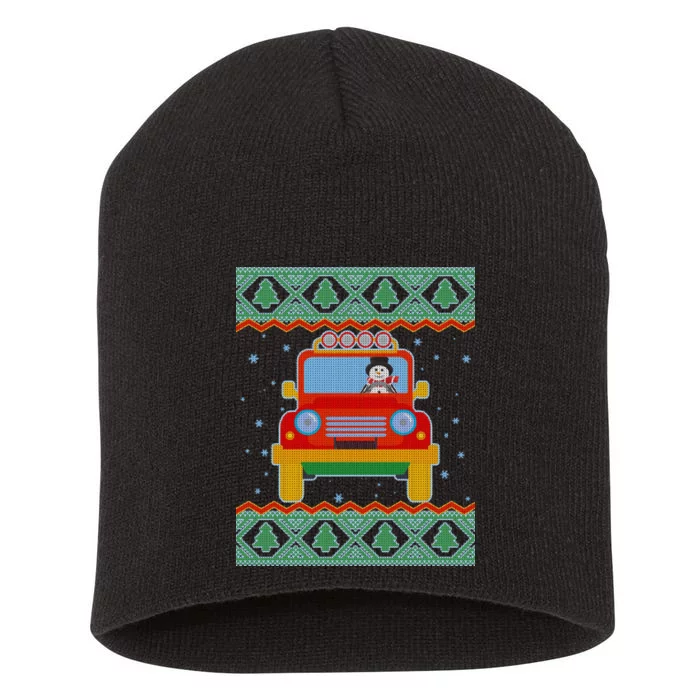 Driving Snowman Truck Ugly Christmas Sweater Short Acrylic Beanie