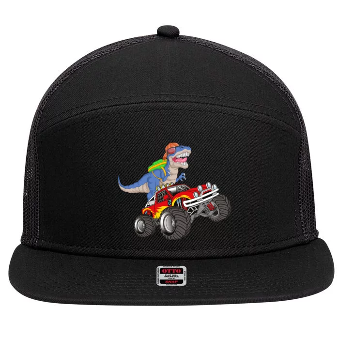 Dinosaur Riding Monster Truck 7 Panel Mesh Trucker Snapback Hat