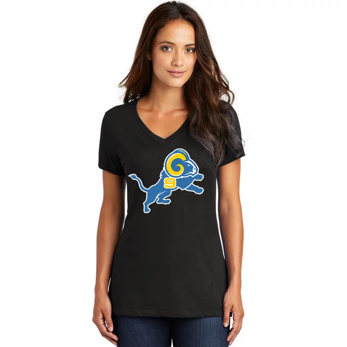 Detroit Rams Number 9 Women's V-Neck T-Shirt