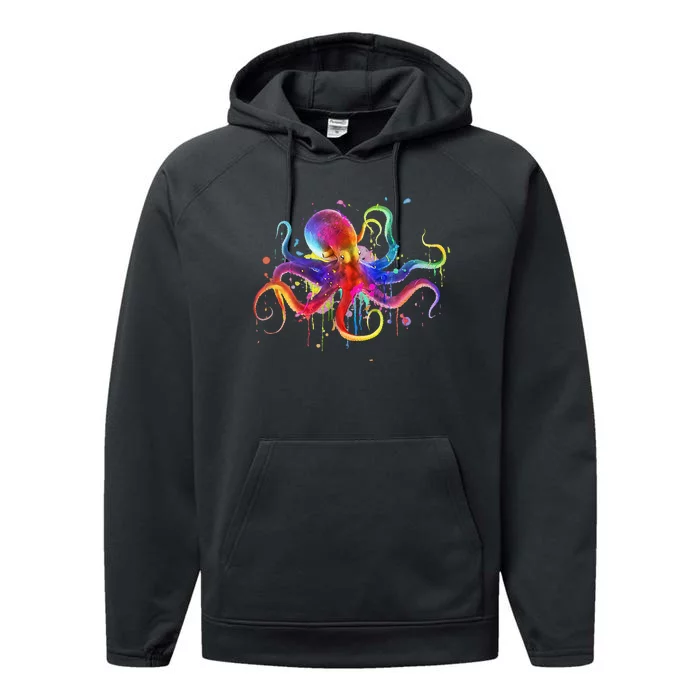 Dripping Rainbow Octopus Psychedelic Colorful Octopus Performance Fleece Hoodie