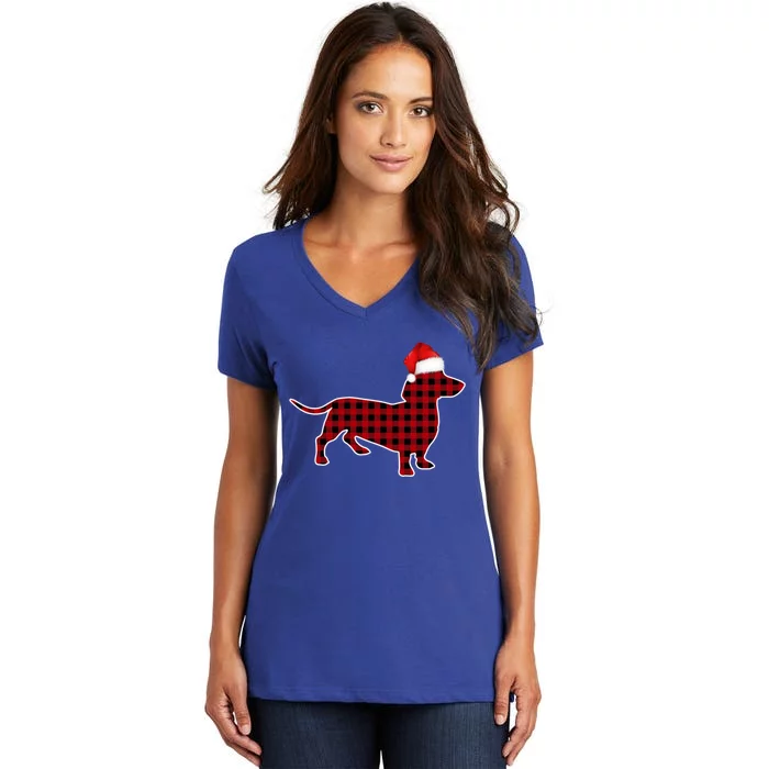 Dachshund Red Plaid Buffalo Christmas Pajamas Family Funny Gift Great Gift Women's V-Neck T-Shirt