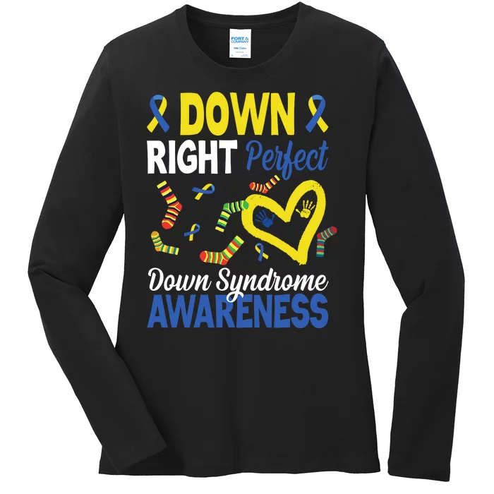 Down Right Perfect Down Syndrome Awareness Heart Sock Ladies Long Sleeve Shirt