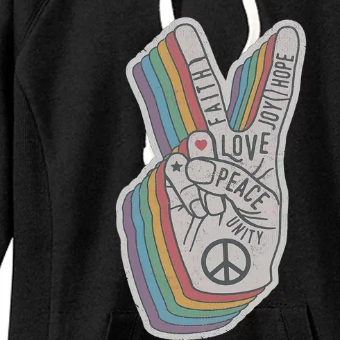 Distressed Rainbow Retro Peace Hand Sign 60s 70s Hippie Women's Fleece Hoodie