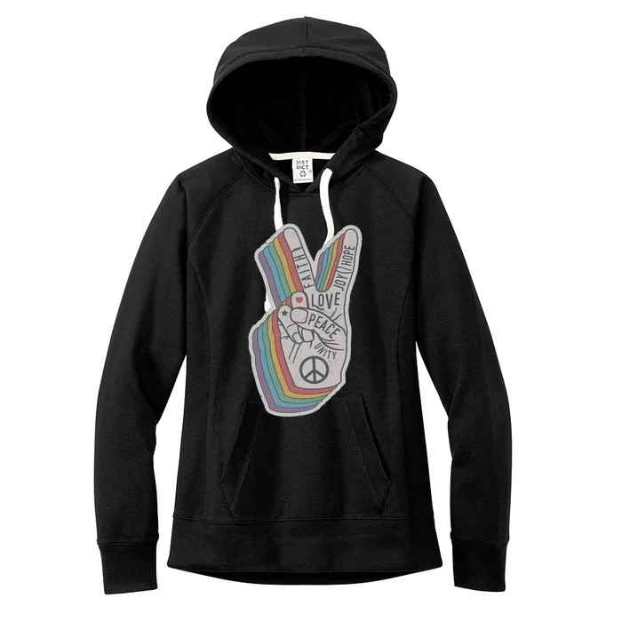 Distressed Rainbow Retro Peace Hand Sign 60s 70s Hippie Women's Fleece Hoodie