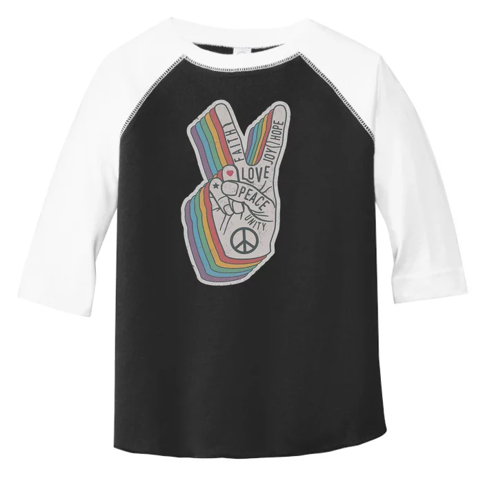 Distressed Rainbow Retro Peace Hand Sign 60s 70s Hippie Toddler Fine Jersey T-Shirt