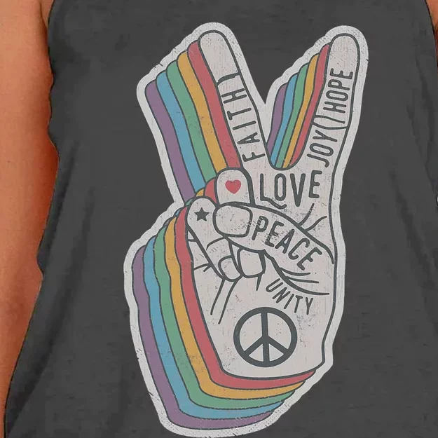 Distressed Rainbow Retro Peace Hand Sign 60s 70s Hippie Women's Knotted Racerback Tank