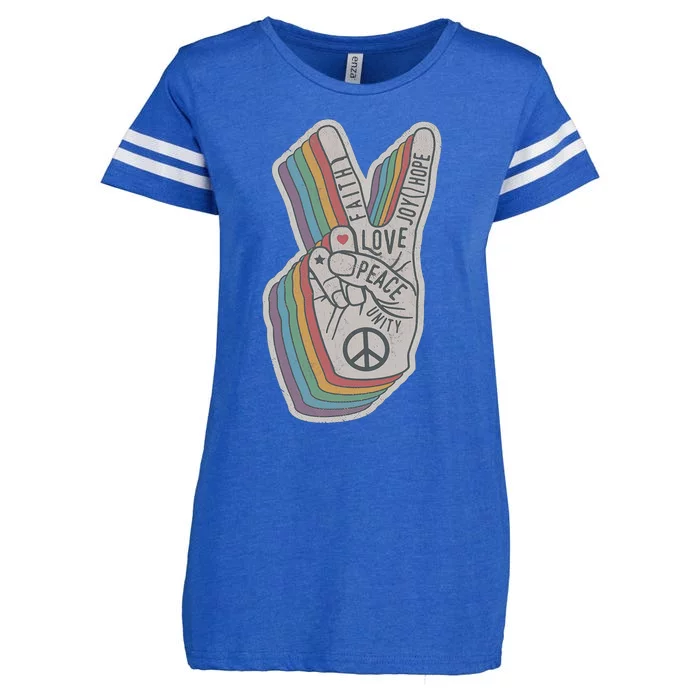 Distressed Rainbow Retro Peace Hand Sign 60s 70s Hippie Enza Ladies Jersey Football T-Shirt