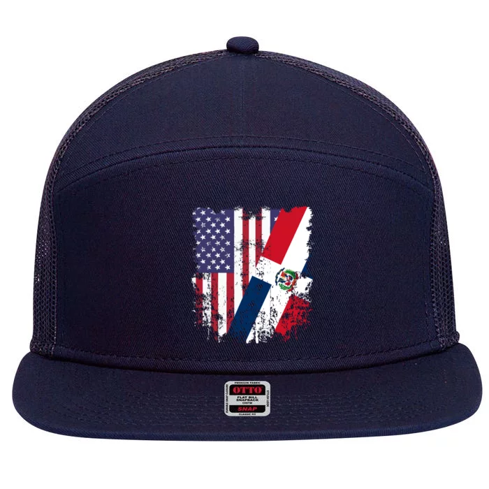 Dominican Republic Roots Half American Flag Dominican Gift 7 Panel Mesh Trucker Snapback Hat