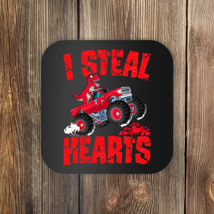 Dinosaur Ridding Truck I Steal Hearts Valentines Day Coaster