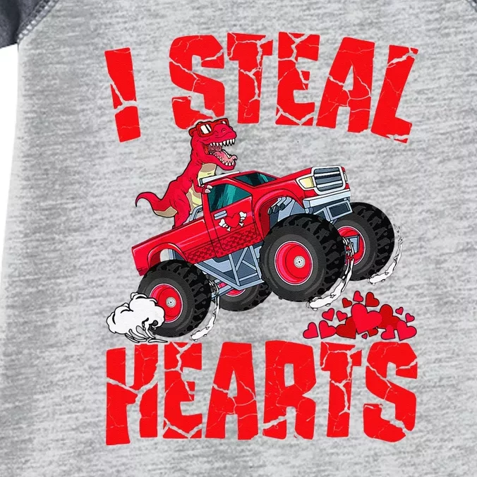 Dinosaur Ridding Truck I Steal Hearts Valentines Day Infant Baby Jersey Bodysuit