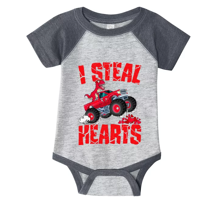 Dinosaur Ridding Truck I Steal Hearts Valentines Day Infant Baby Jersey Bodysuit