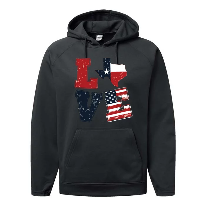 Distressed Retro Tx 4th July American Flag I Love Texas Flag Performance Fleece Hoodie