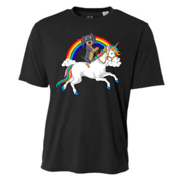 Dachshund Riding Unicorn Cooling Performance Crew T-Shirt