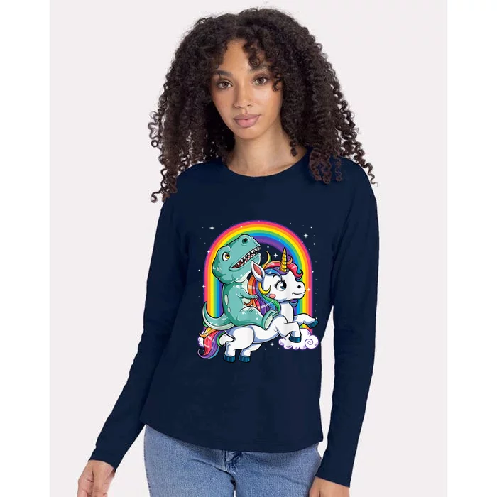 Dinosaur Riding Unicorn Funny T rex Boy Rainbow Galaxy Womens Cotton Relaxed Long Sleeve T-Shirt