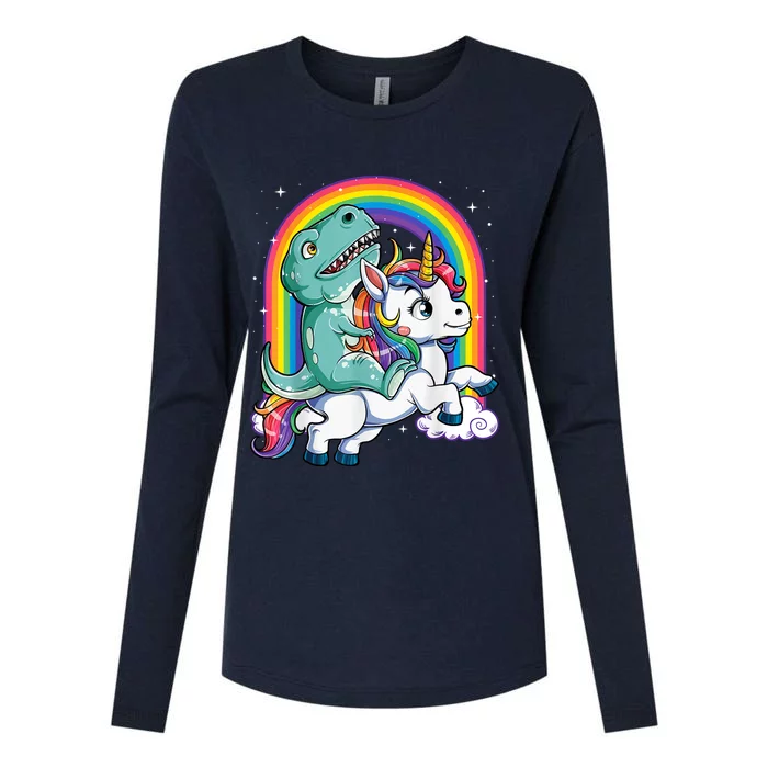 Dinosaur Riding Unicorn Funny T rex Boy Rainbow Galaxy Womens Cotton Relaxed Long Sleeve T-Shirt