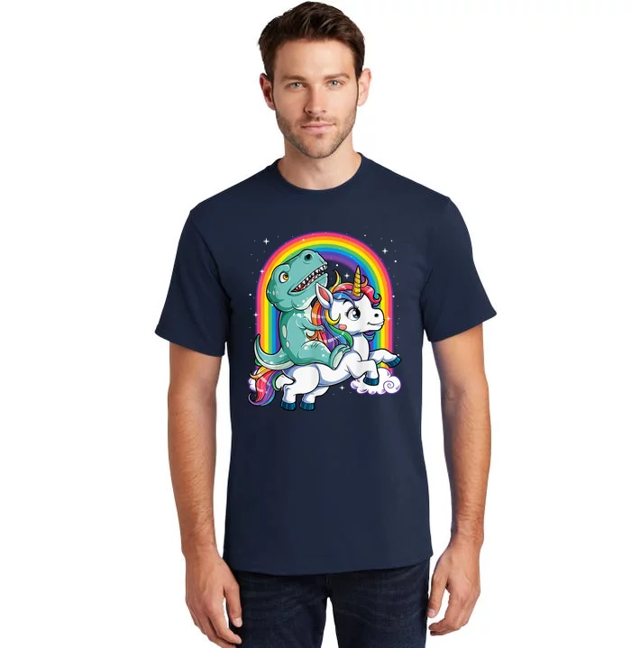 Dinosaur Riding Unicorn Funny T rex Boy Rainbow Galaxy Tall T-Shirt