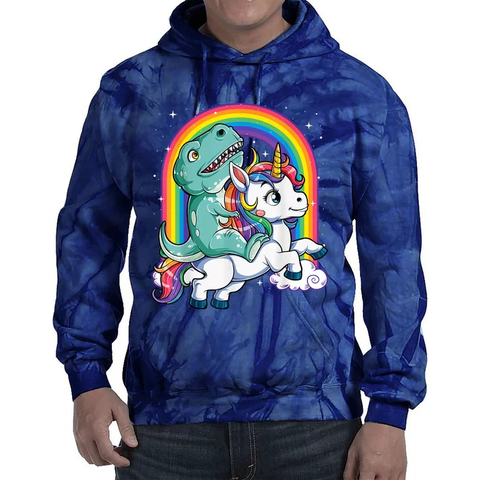 Dinosaur Riding Unicorn Funny T rex Boy Rainbow Galaxy Tie Dye Hoodie