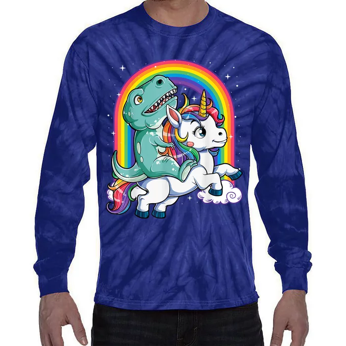 Dinosaur Riding Unicorn Funny T rex Boy Rainbow Galaxy Tie-Dye Long Sleeve Shirt