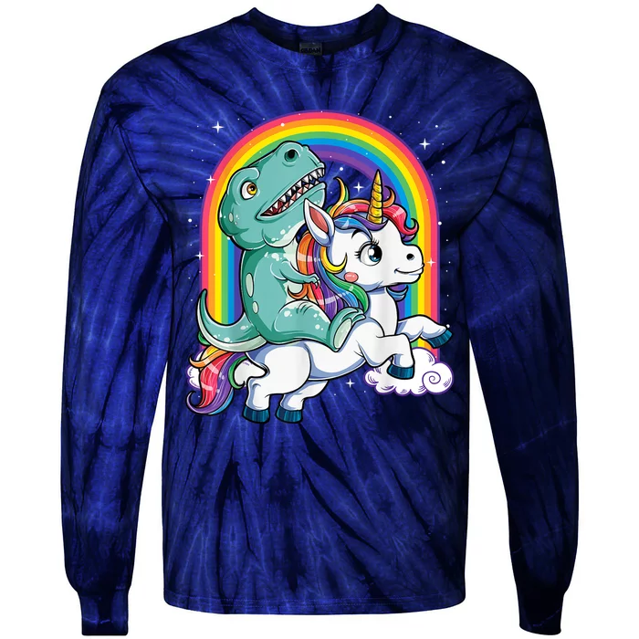 Dinosaur Riding Unicorn Funny T rex Boy Rainbow Galaxy Tie-Dye Long Sleeve Shirt