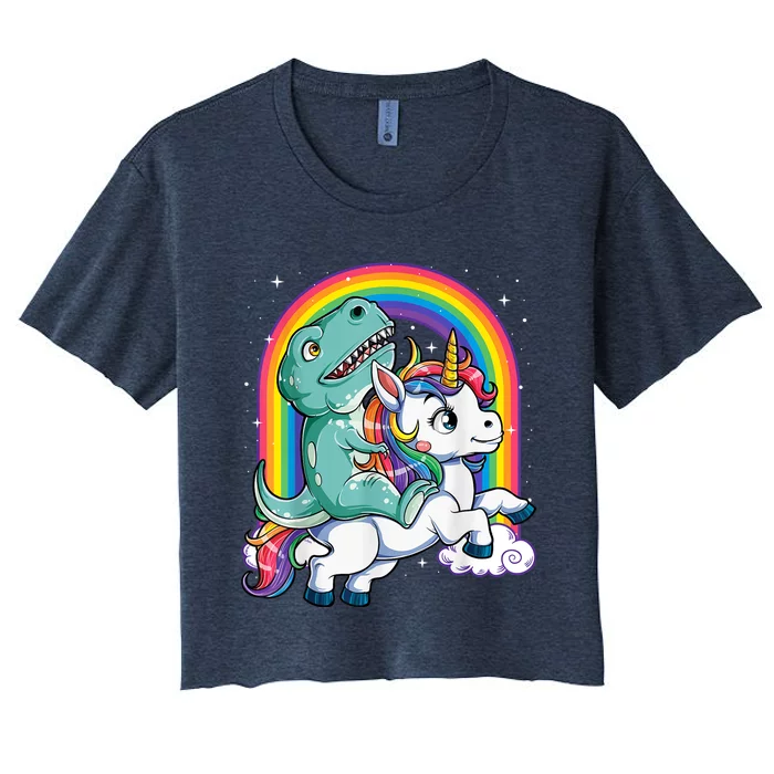 Dinosaur Riding Unicorn Funny T rex Boy Rainbow Galaxy Women's Crop Top Tee