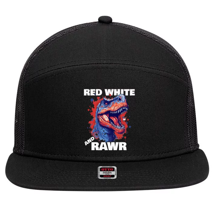 Dinosaur Red White Rawr American Flag 4th of July T Rex 7 Panel Mesh Trucker Snapback Hat