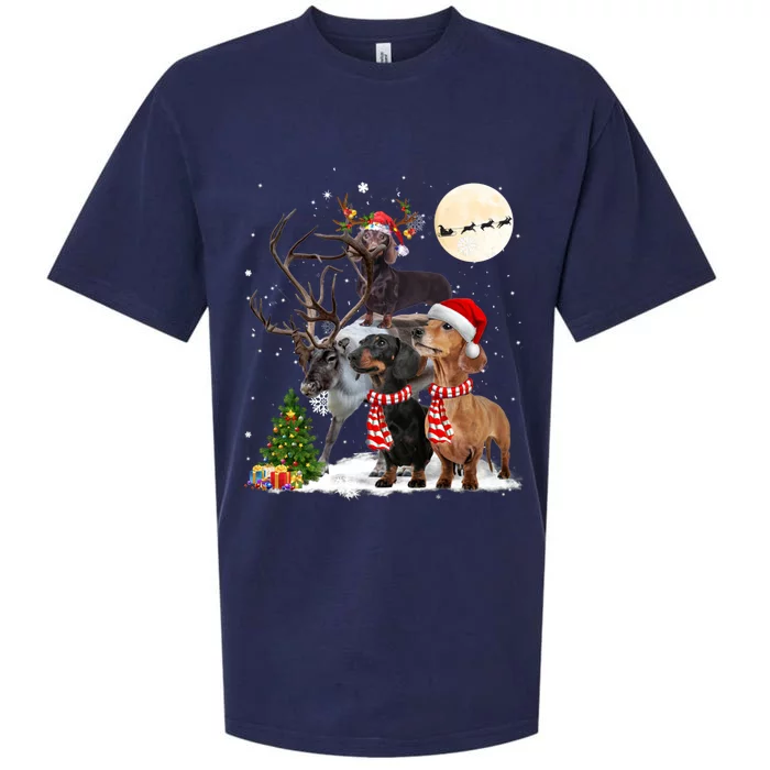 Dachshund Reindeer Xmas Lights Christmas Moon Xmas Dog Gift Sueded Cloud Jersey T-Shirt