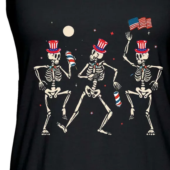 Dancing Skeleton 4th Of July American Flag Skellies Ladies Essential Flowy Tank