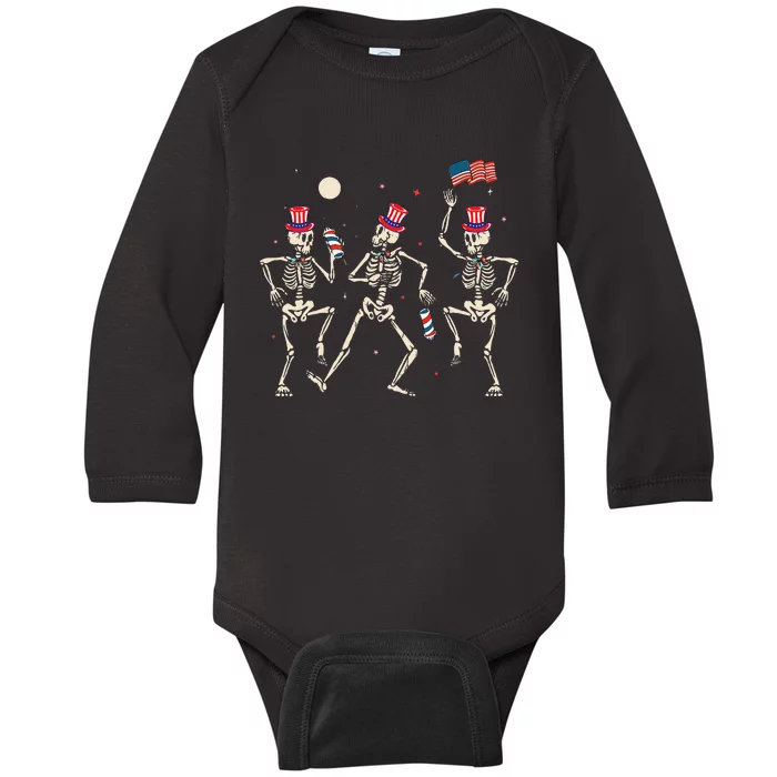 Dancing Skeleton 4th Of July American Flag Skellies Baby Long Sleeve Bodysuit