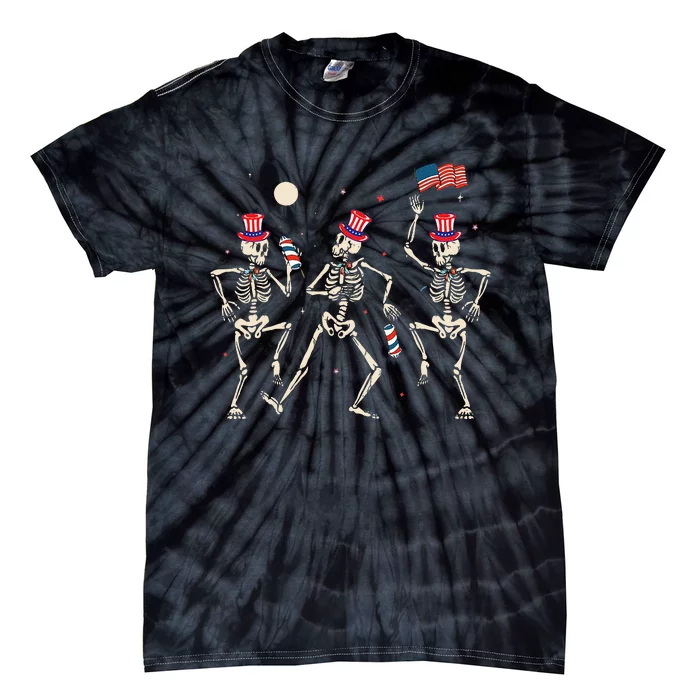 Dancing Skeleton 4th Of July American Flag Skellies Tie-Dye T-Shirt