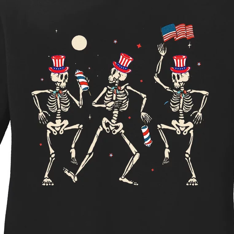 Dancing Skeleton 4th Of July American Flag Skellies Ladies Long Sleeve Shirt