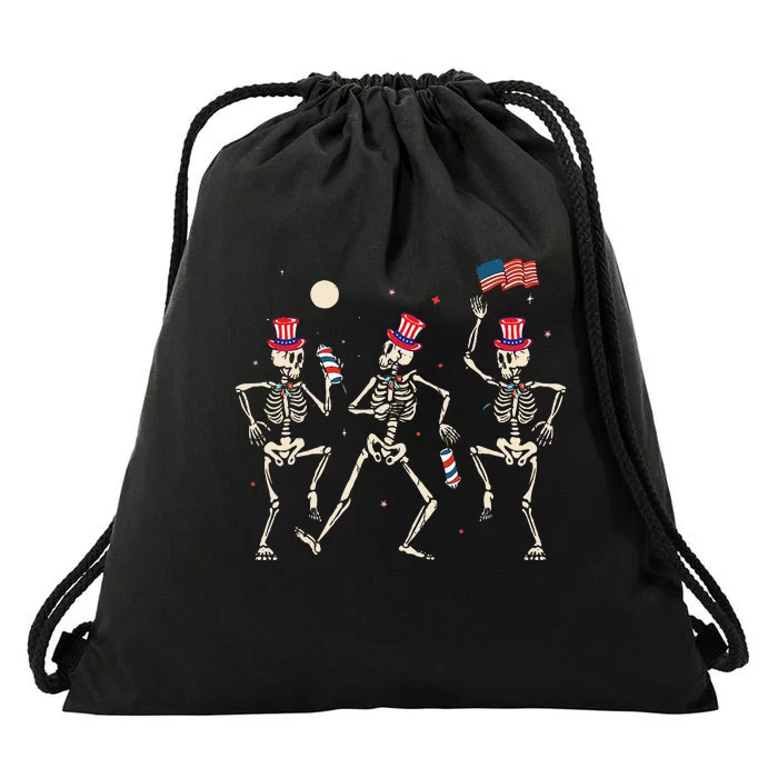 Dancing Skeleton 4th Of July American Flag Skellies Drawstring Bag