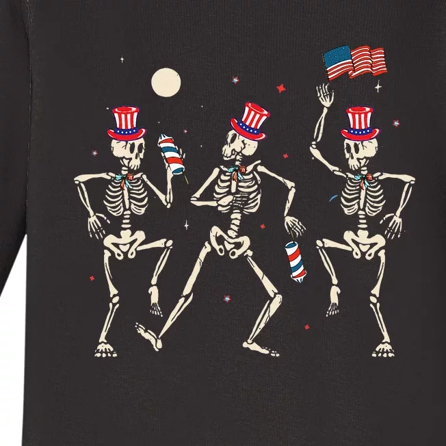 Dancing Skeleton 4th Of July American Flag Skellies Baby Long Sleeve Bodysuit