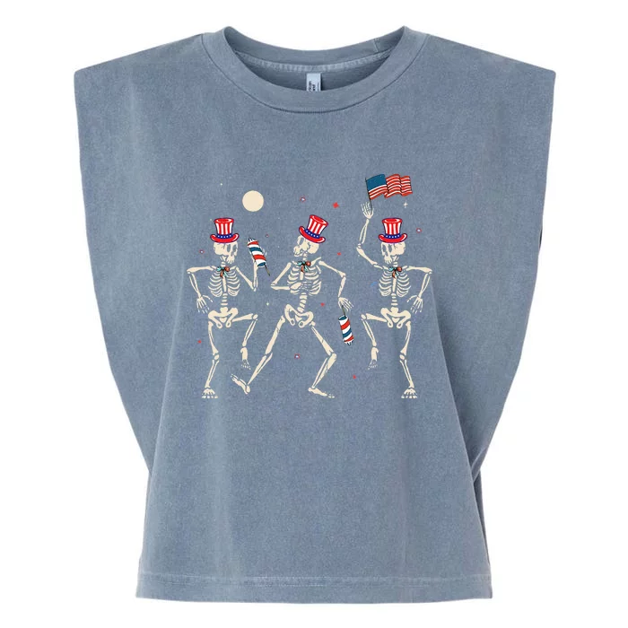 Dancing Skeleton 4th Of July American Flag Skellies Garment-Dyed Women's Muscle Tee