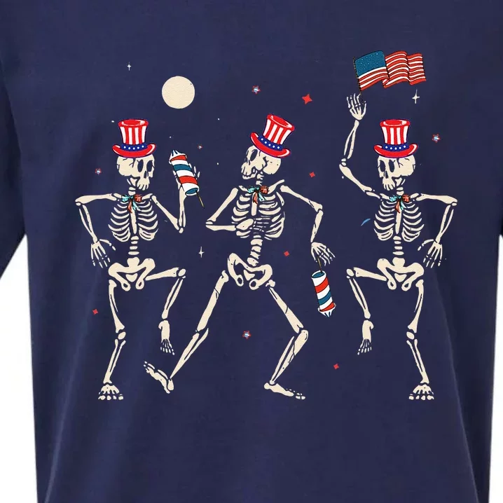 Dancing Skeleton 4th Of July American Flag Skellies Sueded Cloud Jersey T-Shirt