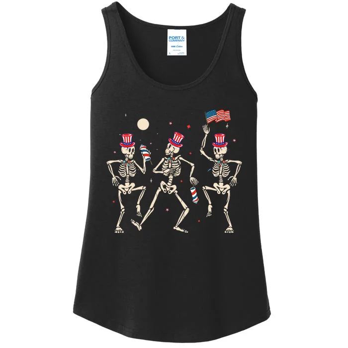 Dancing Skeleton 4th Of July American Flag Skellies Ladies Essential Tank