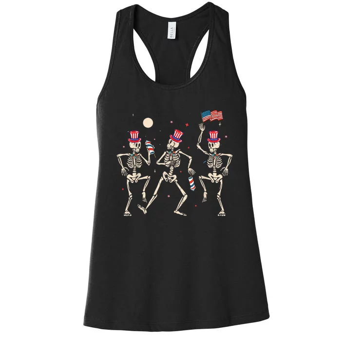 Dancing Skeleton 4th Of July American Flag Skellies Women's Racerback Tank