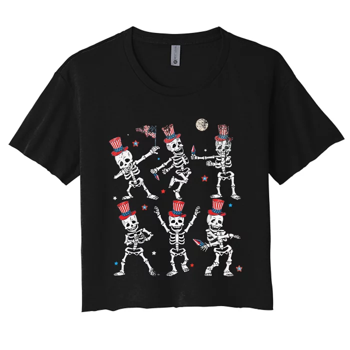 Dancing Skeleton 4th of July American Flag Skellies Women's Crop Top Tee