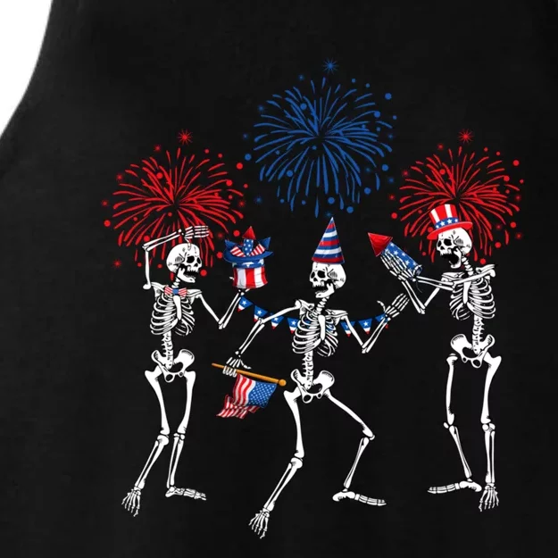 Dancing Skeleton 4th Of July American Flag Skellies Ladies Tri-Blend Wicking Tank